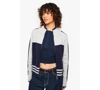 Womens Chunky Knit High Neck Stripe Hem Zip Through Knitted Jumper - Navy - S, Navy