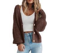Women's Chunky Knit Open Front Sweater Long Sleeve Button Loose Short Cardigan Outerwear Coats (Brown,M)