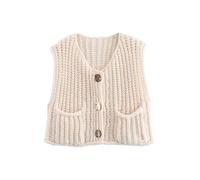 Women's Chunky Knit Vest Y2K Sleeveless V Neck Button Down Crop Crochet Knit Vest Top Waistcoats Sweater Cardigan Streetwear (A-Milky White, S)
