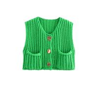 Women's Chunky Knit Vest Y2K Sleeveless V Neck Button Down Crop Crochet Knit Vest Top Waistcoats Sweater Cardigan Streetwear (A-Emerald, S)