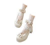 Women's Chunky Mary Jane Heels Featuring Bow & Lace Trim Detail Ankle Strap Court Shoes Traditional German Dirndl Style Footwear Bavarian Oktoberfest Statement Celebration Beige