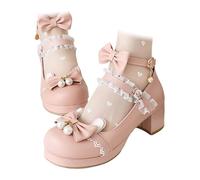 Women's Chunky Mary Jane Heels Featuring Bow & Lace Trim Detail Ankle Strap Court Shoes Traditional German Dirndl Style Footwear Bavarian Oktoberfest Statement Celebration Pink