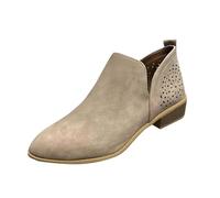 Women's Chunky Mid-Heel Slip-On Leather Orthopaedic Ankle Boots Retro Hollow Chelsea Boots Fall Winter Low Heel Pointed Toe Arch Support Short Booties Lightweight Walking Boot Khaki