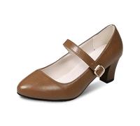 Womens Chunky Mid Heels Oktoberfest Comfortable Buckle Strap Heel Shoes Mary Jane Block Heeled Pump Ladies Closed Toe Slip On Dress Shoes for Daily Wear Beer Festival Parties Beer Festival Brown