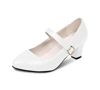 Womens Chunky Mid Heels Oktoberfest Comfortable Buckle Strap Heel Shoes Mary Jane Block Heeled Pump Ladies Closed Toe Slip On Dress Shoes for Daily Wear Beer Festival Parties Beer Festival White