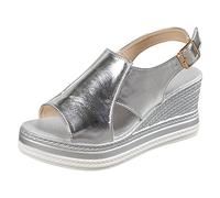 Women's Chunky Platform Block Heel Sandals 2025 Ladies Summer Elastic Comfortable Glamorous Sandals Metallic Slingback Peep-Toe,for Summer Outings,Sightseeing Tours,Evening Strolls