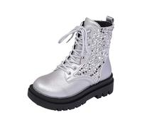 Women's Chunky Platform Boots, Round Toe Glitter Lace-Up Ankle Boots, Punk Rock Style Combat Boots, Fashion Streetwear Casual Booties