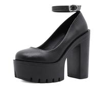 Women's Chunky Platform Court Shoes Pumps High Heels Round Toe Ankle Strap Dress Party Sandals,Black,6.5 UK