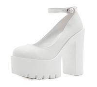 Women's Chunky Platform Court Shoes Pumps High Heels Round Toe Ankle Strap Dress Party Sandals,White,6.5 UK