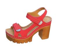 Womens Chunky Platform Heel Sandals Adjustable Hook Loop Straps Open Toe Thick Sole Casual Summer Walking Footwear Red