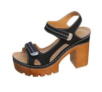Womens Chunky Platform Heel Sandals Adjustable Hook Loop Straps Open Toe Thick Sole Casual Summer Walking Footwear Black