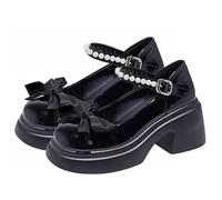 Womens Chunky Platform Mary Jane Shoes UK Clearance, Ladies Pearls Bow Pumps Closed Toe Court Shoes Ankle Strap Lolita Princess Shoes Sandals Low Block Heels Mary Janes Comfy Dress Wedding Shoe