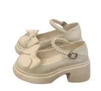 Womens Chunky Platform Mary Jane Shoes UK Clearance, Ladies Pearls Bow Pumps Closed Toe Court Shoes Ankle Strap Lolita Princess Shoes Sandals Low Block Heels Mary Janes Comfy Dress Wedding Shoe
