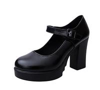 Women's Chunky Platform Mary Jane Shoes with Ankle Strap, Closed Toe Court Support Work Pumps, Mid Block Heels for Wedding, Princess Style