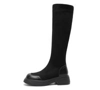 Women's Chunky Sole Knee-High Boots with Platform Design Elastic Cuff Slim-Fit Boots, Round Toe Rubber Heel, Contemporary Sock Booties Style Black