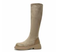 Women's Chunky Sole Knee-High Boots with Platform Design Elastic Cuff Slim-Fit Boots, Round Toe Rubber Heel, Contemporary Sock Booties Style Grey