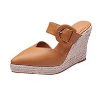 Womens Chunky Wedge Sandals Womens Sliders Size 5 Thick Sole Slippers Women Summer Heel Woven Casual Pointed Fisherman Shoes Leather Espadrilles Buckle Sliders Women White Stuff Ladies (Brown,7)
