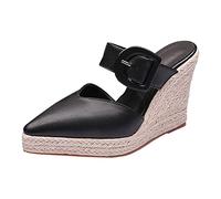 Womens Chunky Wedge Sandals Womens Sliders Size 5 Thick Sole Slippers Women Summer Heel Woven Casual Pointed Fisherman Shoes Leather Espadrilles Buckle Sliders Women White Stuff Ladies (Black,6)