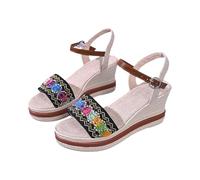Women's Chunky Wedges Leather Sandals for Women Summer Style Casual Open Toe Beach Sandals Versatile Fashion White Sandal Ladies Size 7 Wide Fitting (Black,5.5)