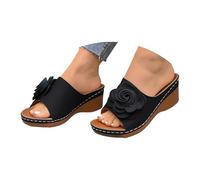 Women's Chunky Wedges Orthopedic Wedge Sandals Women's Slide Sandals With 3D Decor Open Toe Platform With Breathable Perforations Comfortable Gold Sandles Ankle Strap for (Black,6)