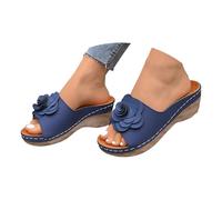 Women's Chunky Wedges Orthopedic Wedge Sandals Women's Slide Sandals With 3D Decor Open Toe Platform With Breathable Perforations Comfortable Gold Sandles Ankle Strap for (Navy,7.5)
