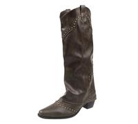 Women's Chunky Western Boot Under Knee High Pointed Toe Rivet Rhinestone Pull On Cowgirl Boots Western Style Fashion Chunky Heel Low Booties Halloween Stage Party Costume Shoes Khaki