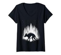 Women's Chupacabra Walking Through White Forest Under Evening Stars V-Neck T-Shirt