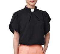 Womens Church Clergy Shirt Tab Collar Front Pleated Petal Sleeve Blouse Top Black