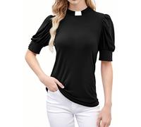 Womens Church Clergy Shirt Tab Collar Short Puff Sleeves with Cufflinks Blouse Top Black