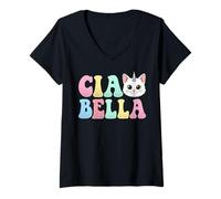 Womens Ciao Bella Cat Unicorn Pastel Kawaii Italian Caticorn V-Neck T-Shirt
