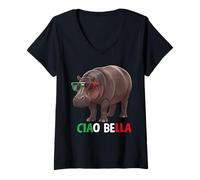 Womens Ciao Bella Hippo Italian Hippopotamus Sunglasses V-Neck T-Shirt
