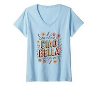 Womens Ciao Bella Italy Floral Retro Minimalist Garden Lover Flower V-Neck T-Shirt
