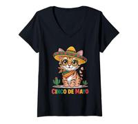 Women's Cinco De Mayo Bengal Cat Sombrero Party Vibes V-Neck T-Shirt