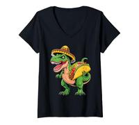 Women's Cinco de Mayo Cute Sombrero T-Rex Dinosaur with Taco V-Neck T-Shirt