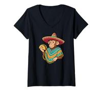 Women's Cinco De Mayo Monkey Eats Taco Funny Sombrero Mexican V-Neck T-Shirt