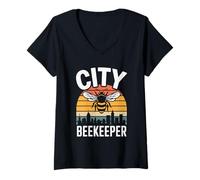 Women's City Beekeeper Vintage Bee Skyline Design V-Neck T-Shirt