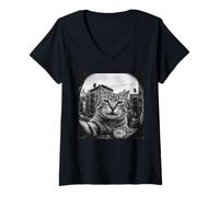 Women's City Fisheye Tabby Cat Taking Selfie Funny V-Neck T-Shirt
