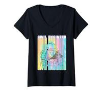 Womens Civil Engineer Retro Watercolor Stripe Vaporwave Engineering V-Neck T-Shirt