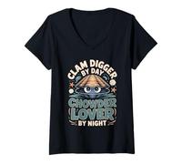Women's Clam Digger By Day Chowder Lover By Night Clams V-Neck T-Shirt