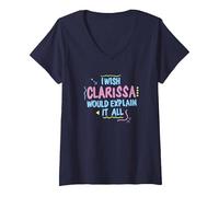 Women's Clarissa Explains It All I Wish Retro Text V-Neck T-Shirt, Navy Blue, Large