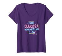 Women's Clarissa Explains It All I Wish Retro Text V-Neck T-Shirt, Purple, Small