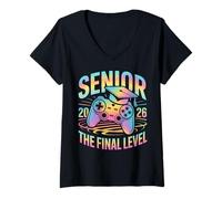 Womens Class of 2026 Senior Gamer Gaming The Final Level V-Neck T-Shirt