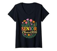 Womens Class Of 2026 Senior With Wildflower Floral Art V-Neck T-Shirt