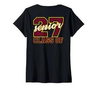 Women's Class of 2027 Senior 27 Maroon Yellow Letters on the Back V-Neck T-Shirt