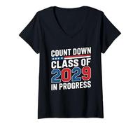Womens Class Of 2029 Count Down 8th Grade Graduation American Flag V-Neck T-Shirt
