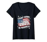 Womens Class Of 2029 Count Down 8th Grade Graduation American Flag V-Neck T-Shirt