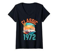 Womens Classic 1972 with Car, Palm Trees, and Sunset V-Neck T-Shirt