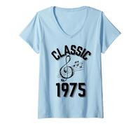 Womens Classic 1975 with Treble Clef and Musical Notes. V-Neck T-Shirt