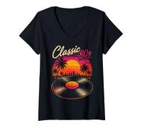 Women's Classic 80's Retro Sunset Vinyl Record Synthwave Vibes Art V-Neck T-Shirt