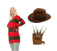 Women's Classic 80s Serial Killer Horror Costume - Halloween Costume Set Includes Fedora Hat, Glove Hand Claw & Red & Green Stripe Jumper